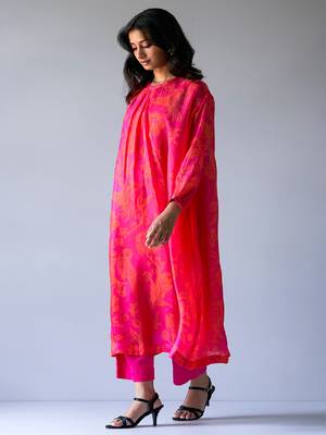 Hot Pink and Orange Bemberg Silk Printed Co-ord Set 3