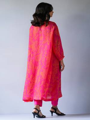 Hot Pink and Orange Bemberg Silk Printed Co-ord Set 4