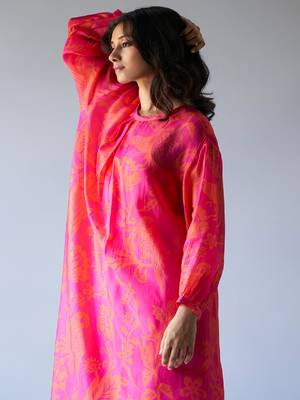 Hot Pink and Orange Bemberg Silk Printed Co-ord Set 5