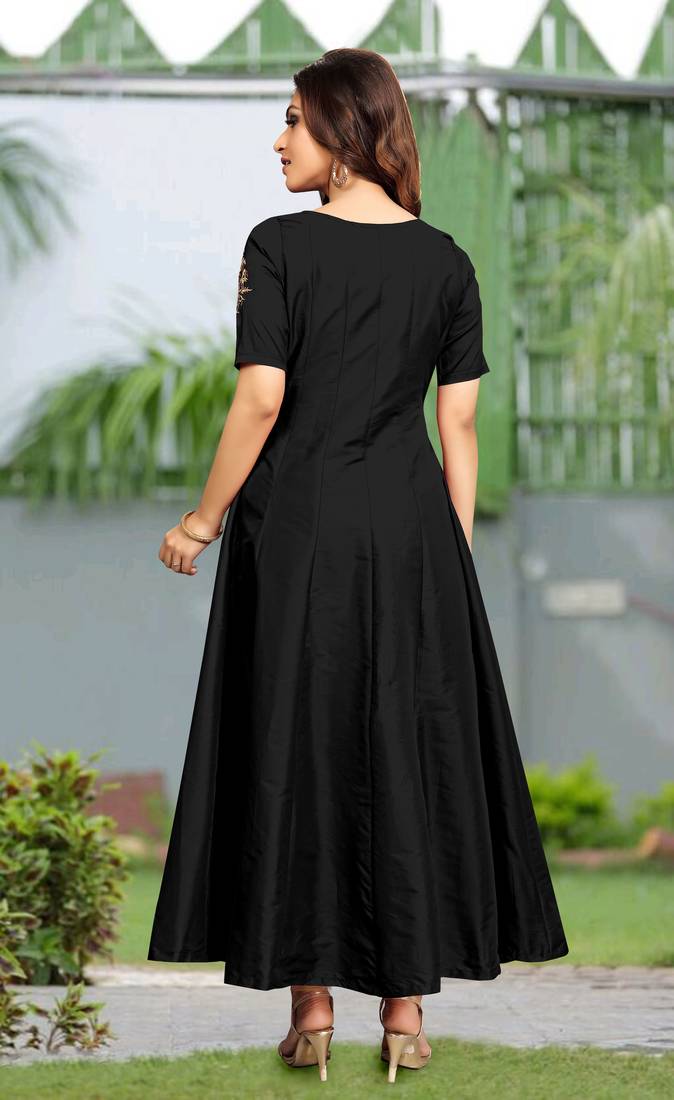 Trendmalls Women's Black Silk Embroidered Festive Premium Kurtis