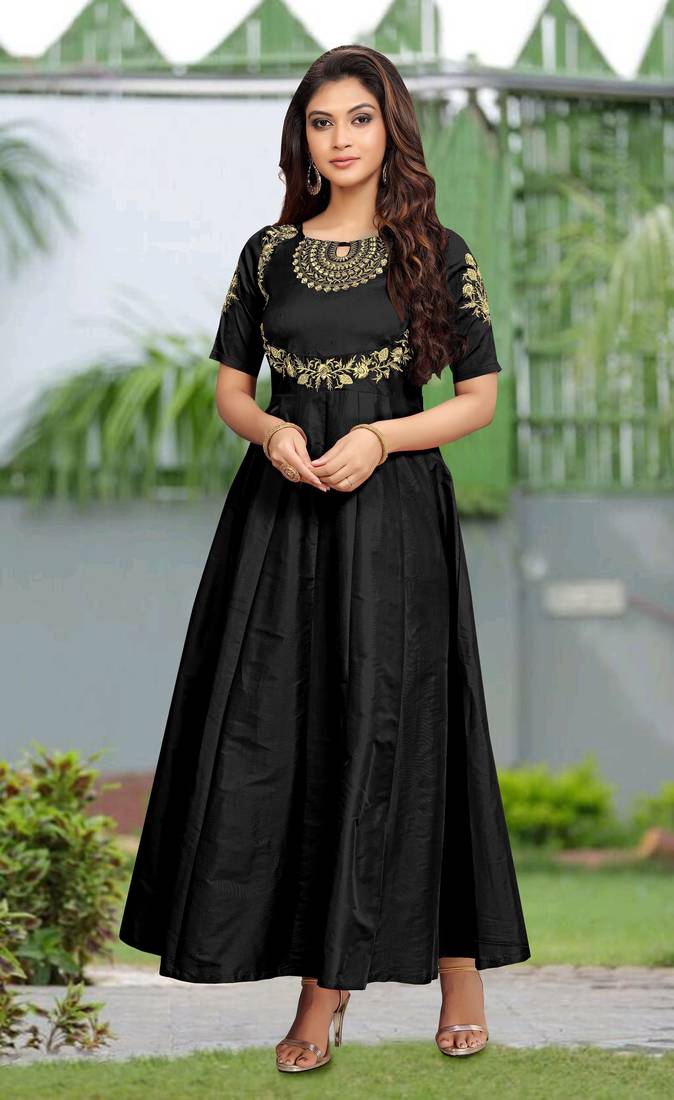 Trendmalls Women's Black Silk Embroidered Festive Premium Kurtis
