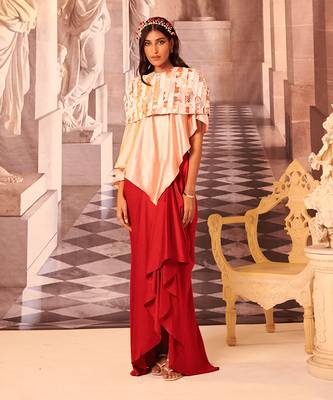 Red satin draped skirt 1