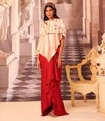 Red satin draped skirt