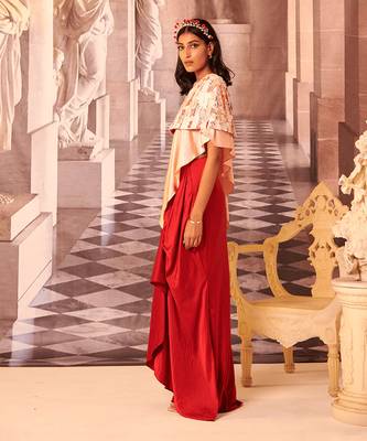 Red satin draped skirt 3