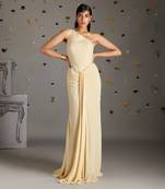 Beige crepe crimp engracia one shoulder front draped gown
