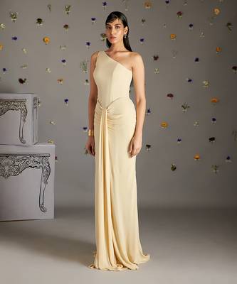 Beige crepe crimp engracia one shoulder front draped gown 2