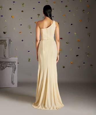 Beige crepe crimp engracia one shoulder front draped gown 3