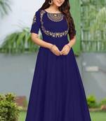 Trendmalls Trendmalls  Blue Silk Embroidered Flared Festive Casual Premium Kurtis