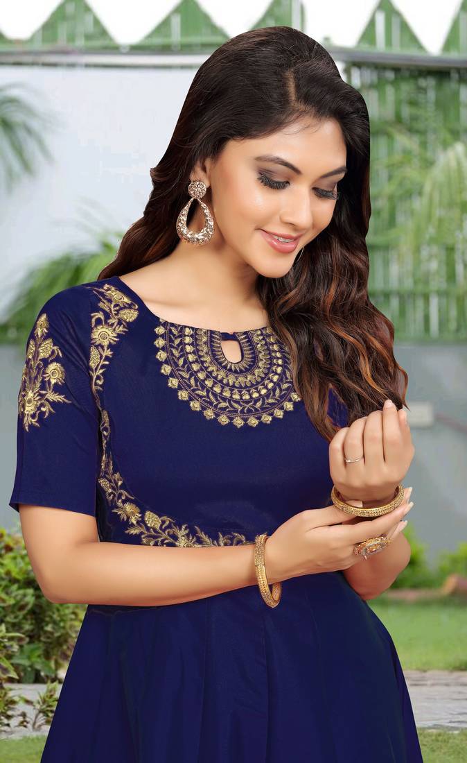 Trendmalls Trendmalls  Blue Silk Embroidered Flared Festive Casual Premium Kurtis