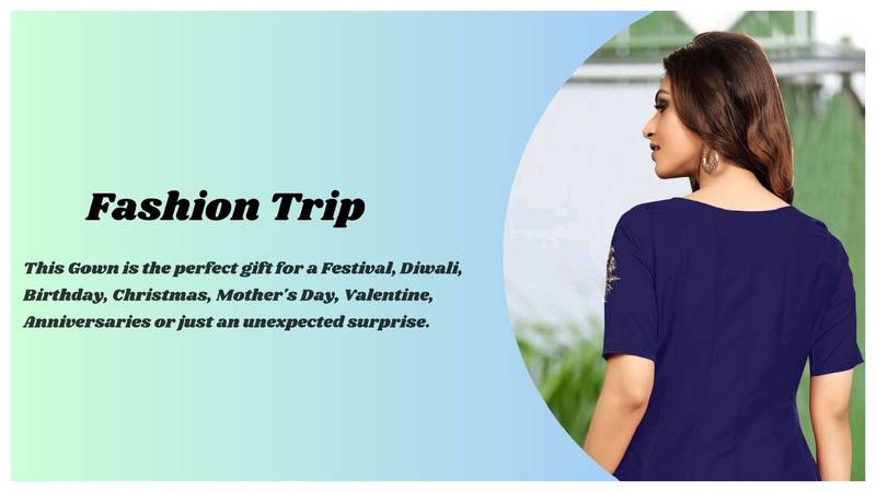 Trendmalls Trendmalls  Blue Silk Embroidered Flared Festive Casual Premium Kurtis