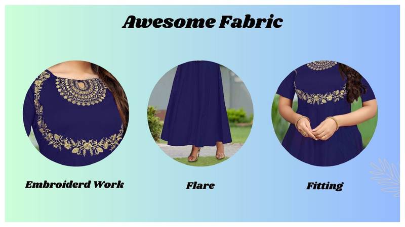 Trendmalls Trendmalls  Blue Silk Embroidered Flared Festive Casual Premium Kurtis