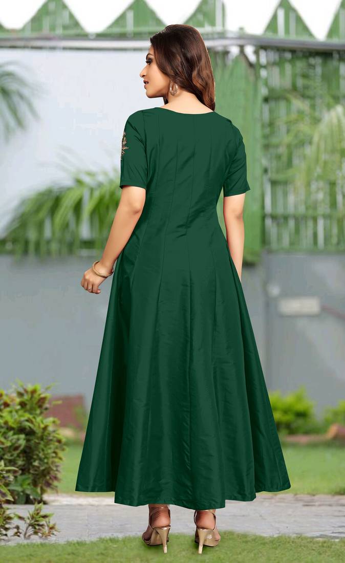 Trendmalls  Silk Embroidered Flared Dark Green Festive Casual Premium Kurtis