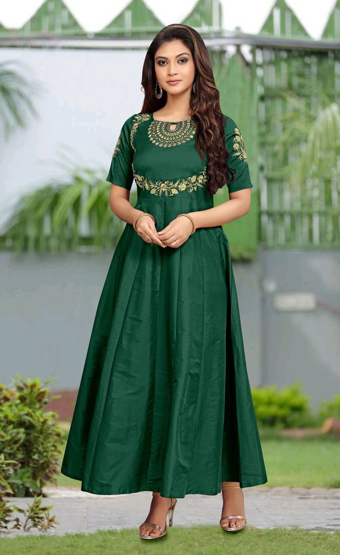 Trendmalls  Silk Embroidered Flared Dark Green Festive Casual Premium Kurtis
