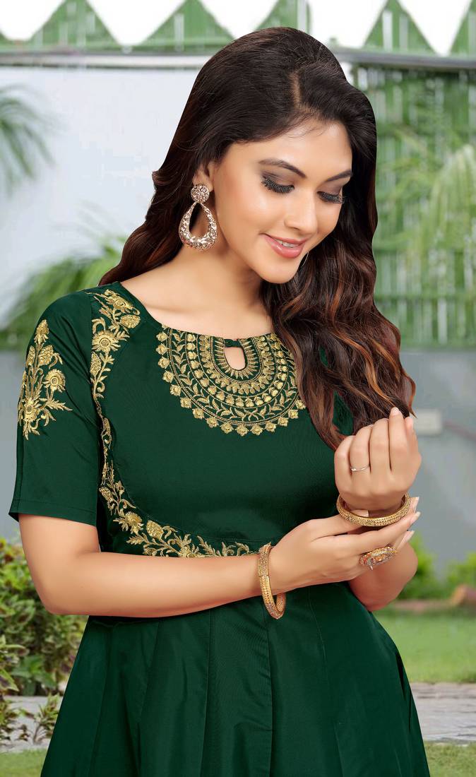 Trendmalls  Silk Embroidered Flared Dark Green Festive Casual Premium Kurtis