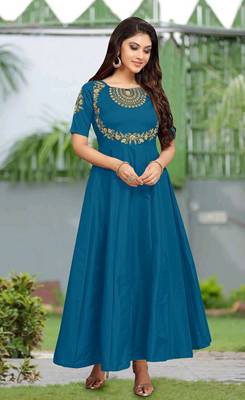 Trendmalls Women's Silk Embroidered Floral Morpeach Festive Premium Kurtis 1