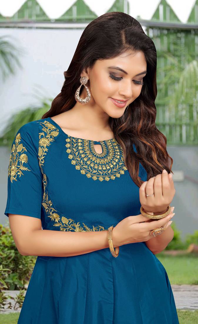 Trendmalls Women's Silk Embroidered Floral Morpeach Festive Premium Kurtis