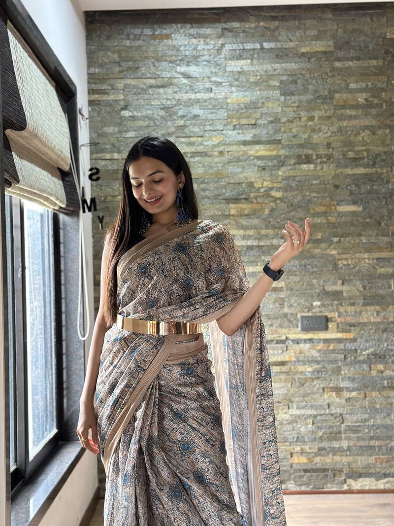 Cream Colour Georgette Fabric Ready To Wear Saree With Blouse