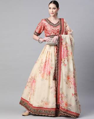 wedding party wear Impressive Off White Organza Floral Print Embroidered  Lehenga Choli 2