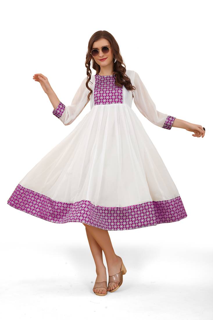 White kurti, emboridered ,anarkal,round neck,floral print kurti