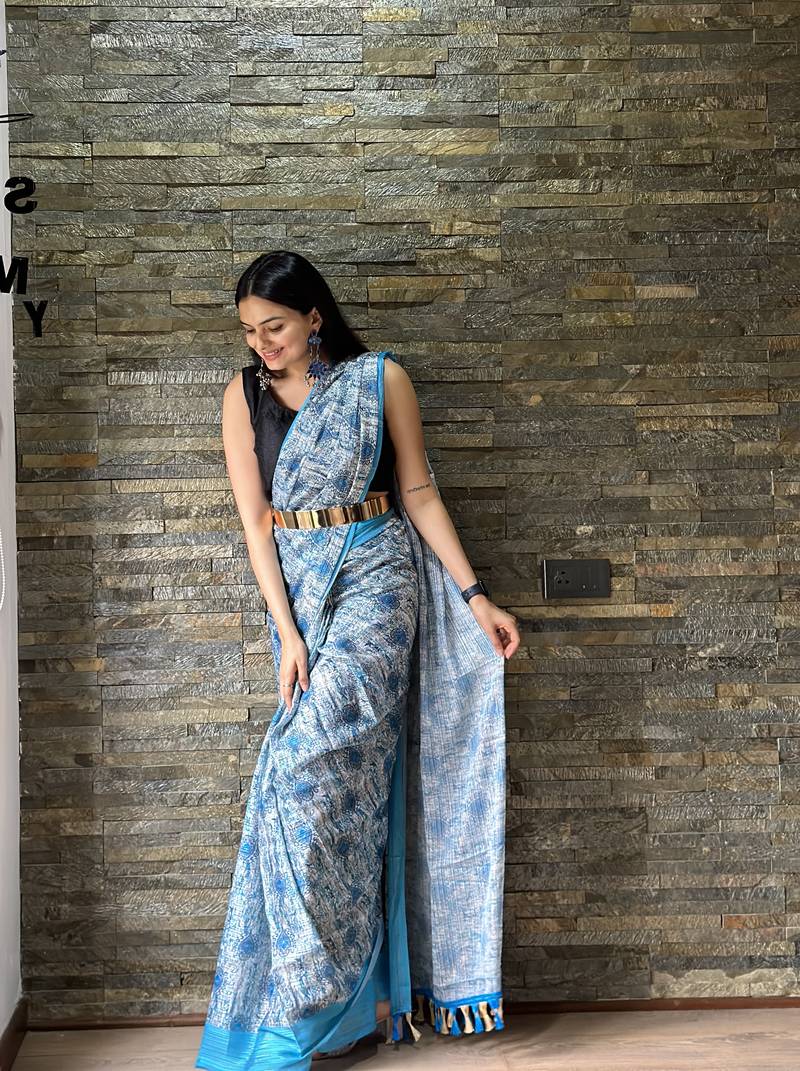 Sky Colour Georgette Fabric Ready To Wear Saree With Blouse