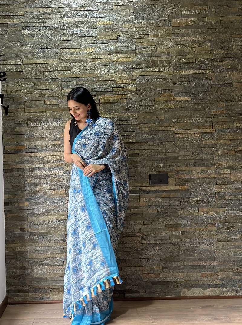 Sky Colour Georgette Fabric Ready To Wear Saree With Blouse