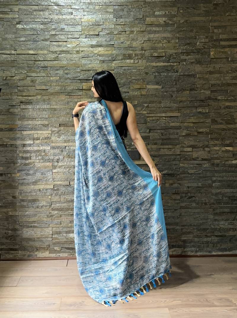Sky Colour Georgette Fabric Ready To Wear Saree With Blouse