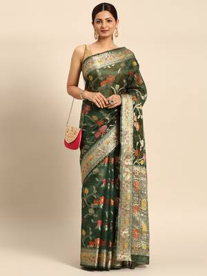 Bottle Green Organza Faux Kanjeevaram Woven Saree With Unstitched Blouse Piece 1