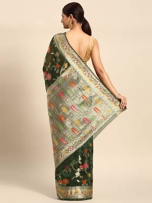 Bottle Green Organza Faux Kanjeevaram Woven Saree With Unstitched Blouse Piece 2