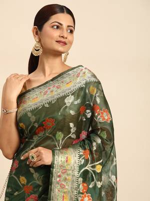 Bottle Green Organza Faux Kanjeevaram Woven Saree With Unstitched Blouse Piece 3