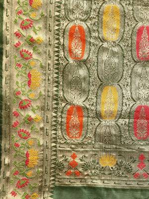 Bottle Green Organza Faux Kanjeevaram Woven Saree With Unstitched Blouse Piece 4