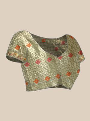 Bottle Green Organza Faux Kanjeevaram Woven Saree With Unstitched Blouse Piece 5
