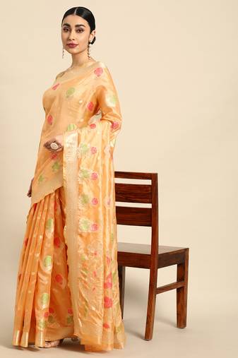 Orange Organza Woven Rangkat Saree With Unstitched Blouse Piece