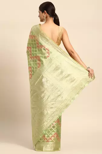 Pista Organza Woven Rangkat Saree With Unstitched Blouse Piece