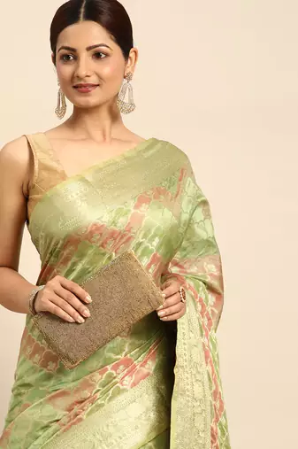 Pista Organza Woven Rangkat Saree With Unstitched Blouse Piece