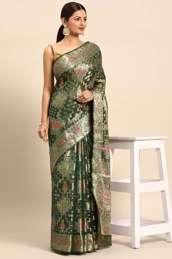 Bottle Green Organza Woven Rangkat Saree With Unstitched Blouse Piece
