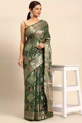 Bottle Green Organza Woven Rangkat Saree With Unstitched Blouse Piece