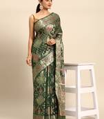 Bottle Green Organza Woven Rangkat Saree With Unstitched Blouse Piece