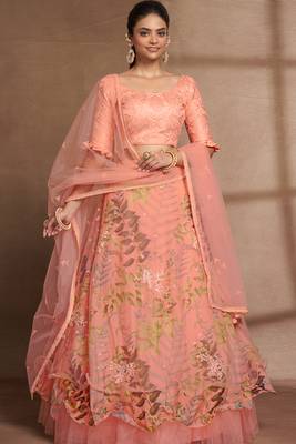 Peach Color Digital Print & Sequins Embroidery Work  Designer Lehenga Choli For Festival 1