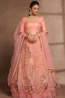 Peach Color Digital Print & Sequins Embroidery Work  Designer Lehenga Choli For Festival 2