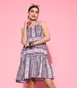  blue fit and flare strappy tiered dress