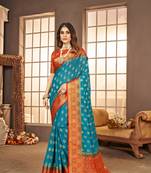 Aqua And Red Pure Georgette Saree With Swarovski Work Party Wear Saree With Brocade Red Unstitched Blouse