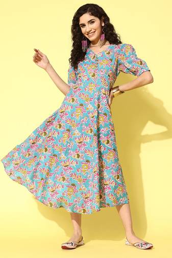 Yufta blue fit and flare floral print dress