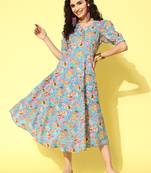 blue fit and flare floral print dress