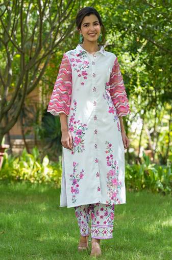 Yufta-pink and white floral print tunic and trouser co ords