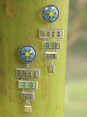 Silver-plated turquoise blue and yellow geometric drop earrings 1