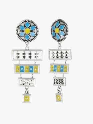 Silver-plated turquoise blue and yellow geometric drop earrings 2