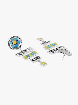 Silver-plated turquoise blue and yellow geometric drop earrings 3