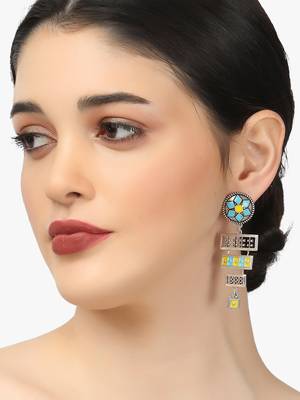 Silver-plated turquoise blue and yellow geometric drop earrings 4