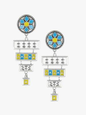 Silver-plated turquoise blue and yellow geometric drop earrings 5