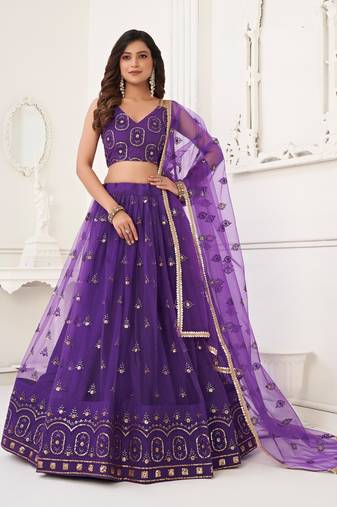 Purple Embroidery Net A Line Lehenga With Blouse